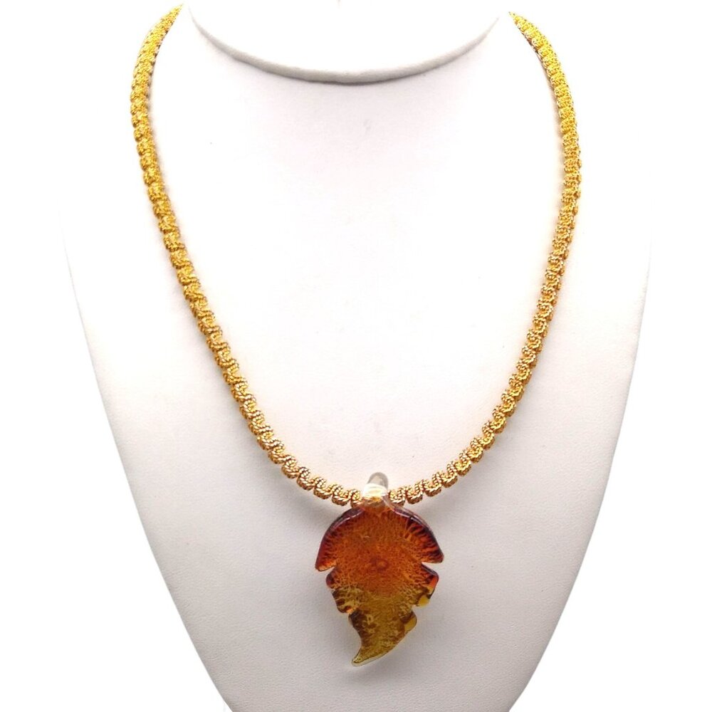Dichroic Art Glass Autumn Leaf Pendant on Unique Gold Tone Chain, Beautiful